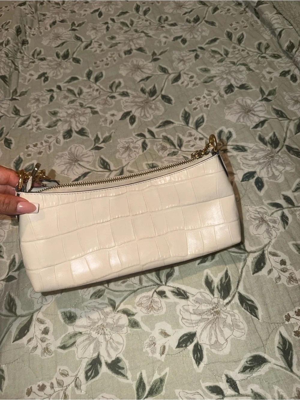 Coach Cream Croc-Embossed Mini Shoulder Bag with Gold Chain
